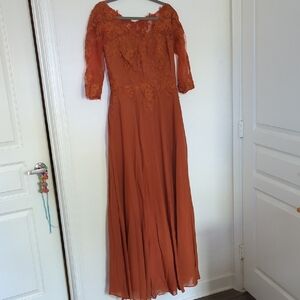 Elegant Orange Lace Evening Gown